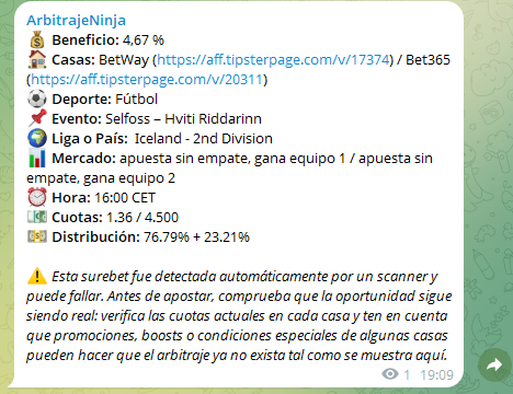 Ejemplo real de señal de ArbitrajeNinja en Telegram